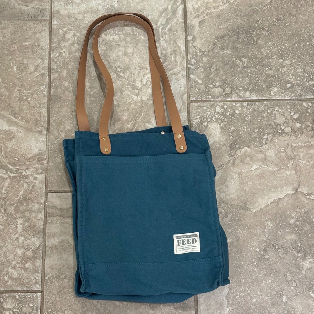 FEED Market Tote Bag Teal Blue Canvas Tan Straps Provides 3 Meals Grocery Bag